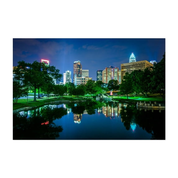 Charlotte Skyline & Marshall - Charlotte North Carolina Photography Cityscape Skyline Nightlife Architecture Night Sky Scenic Modern Art Unframed Wall Art Print 4 x 6 inches