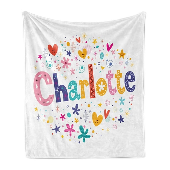 Charlotte Soft Flannel Fleece Blanket, Happy Smiling Stars and Hearts Joyous Composition of Colorful Female Name Design, Cozy Plush for Indoor and Outdoor Use, 50" x 60", Multicolor, by Ambesonne