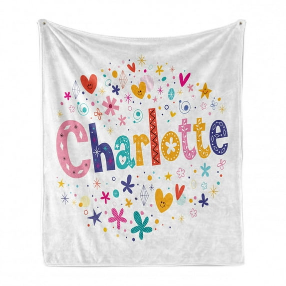 Charlotte Soft Flannel Fleece Blanket, Happy Smiling Stars and Hearts Joyous Composition of Colorful Female Name Design, Cozy Plush for Indoor and Outdoor Use, 60" x 80", Multicolor, by Ambesonne