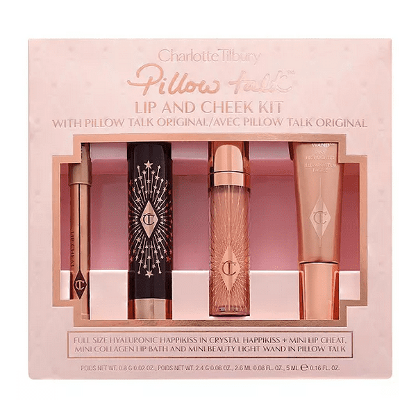 Charlotte Tilbury Pillow Talk Lip & Cheek Kit - Mini Pillow Talk Lip Cheat, Collagen Lip Bath, & Beauty Light Wand + Full Size Hyaluronic Happikiss
