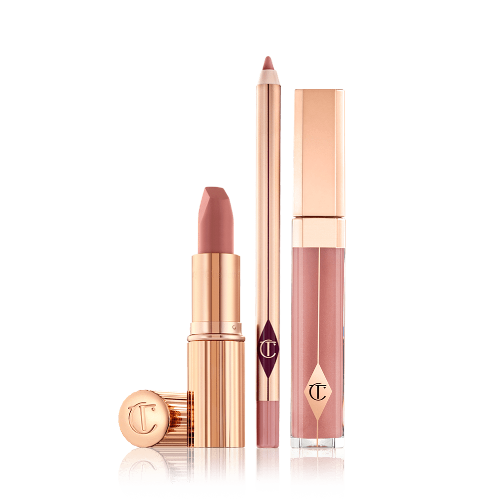 Charlotte Tilbury The Pillow Talk Full Size Lip Kit- Lip Liner, Lipstick, and Lip Gloss.