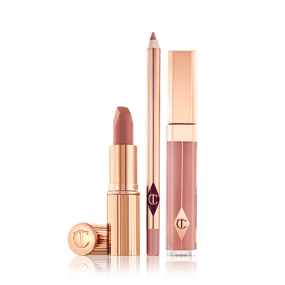 Charlotte Tilbury The Pillow Talk Full Size Lip Kit- Lip Liner, Lipstick, and Lip Gloss.