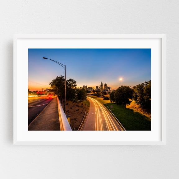 Charlotte Traffic - Charlotte North Carolina Photography Cityscape Skyline Nightlife Sunset Travel Poster Bridge Scenic White Framed Wall Art Print 5 x 7 inches