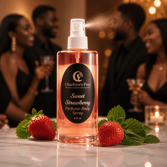 Charlottes Prey Strawberry Fragrance Body Spray, Long-lasting Fruity Scent with Rose, Peony, Vanilla, Sandalwood, 8 fl oz
