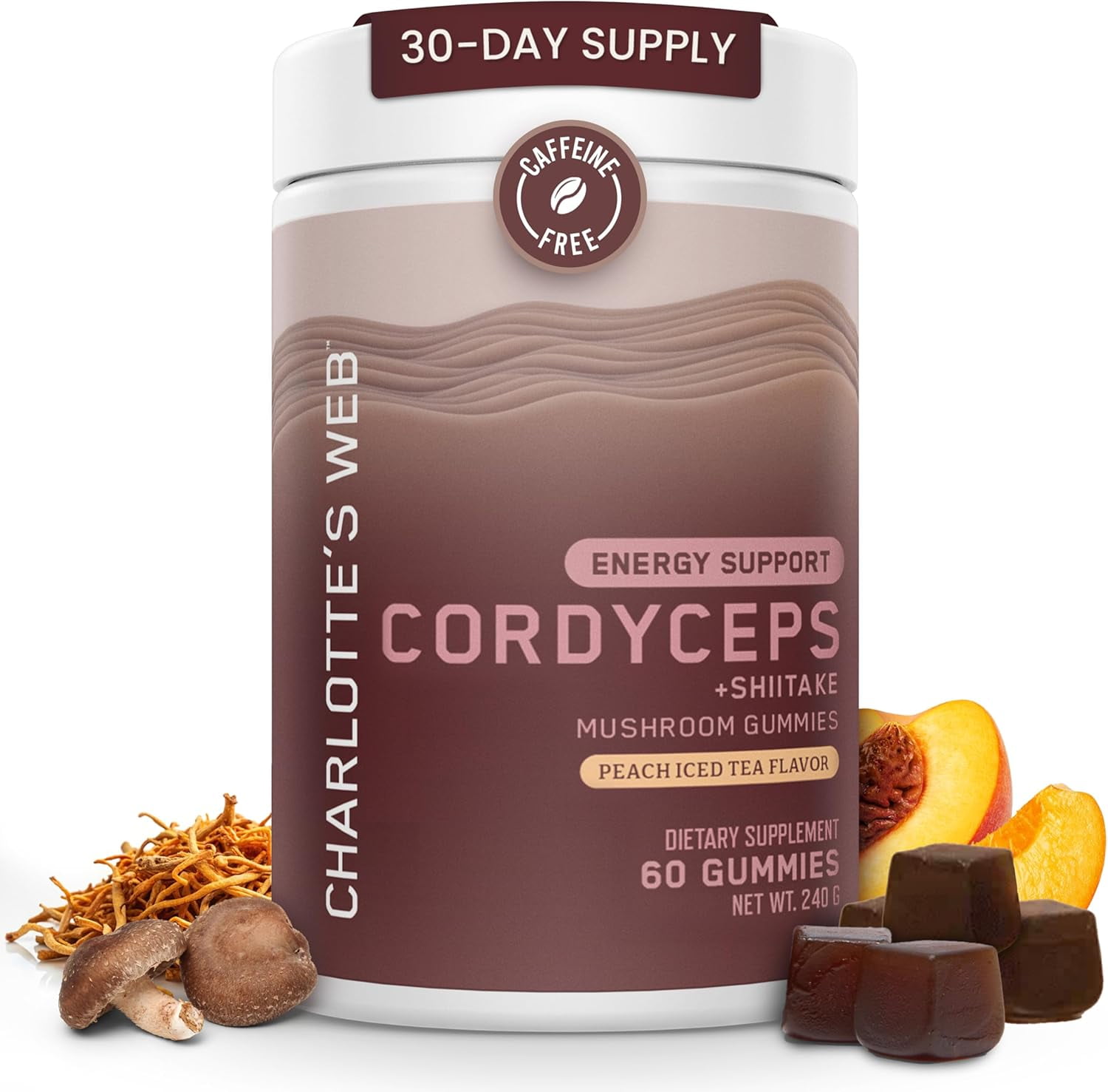 Walmart Black Friday Deals 2025 - Charlotte's Web Energy Support Mushroom Gummies w/Cordyceps & Shiitake Mushrooms, Caffeine-Free Energy Supplements — Cordyceps Mushroom Gummies, Peach Iced Tea Flavor (30 Servings)