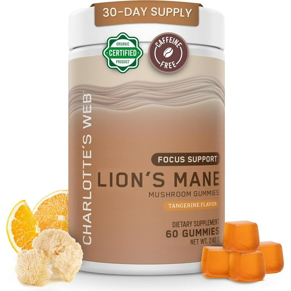 Charlotte's Web Focus Support Mushroom Gummies for Focus and Energy w/Lions Mane, Natural Cognitive Support Lions Mane Gummies for Adults  Tangerine Flavor (30 Servings)
