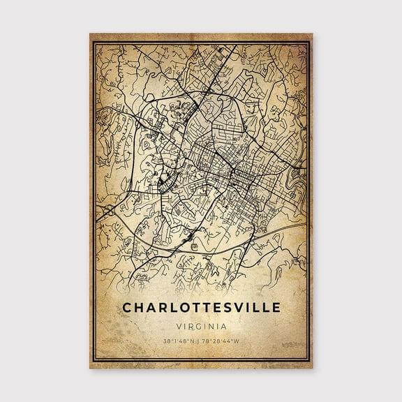 Charlottesville City Map Print, Modern Vintage Wall Artfor Living Room Bedroom Office Farmhouse Neutral Home Artwork Ready to Hang 8x12 inch