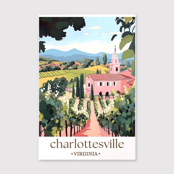 Charlottesville Virginia Travel Canvas, Vineyard Landscape Wall Art, Blue Ridge Mountains Print, Countryside Decor