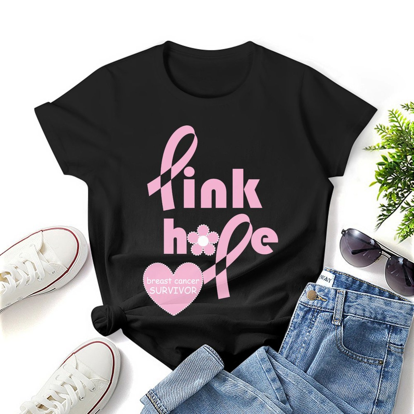 Breast Cancer Awareness Shirt For Women - Sequin Pink Ribbon Tee, Short Sleeve, Cotton Blend