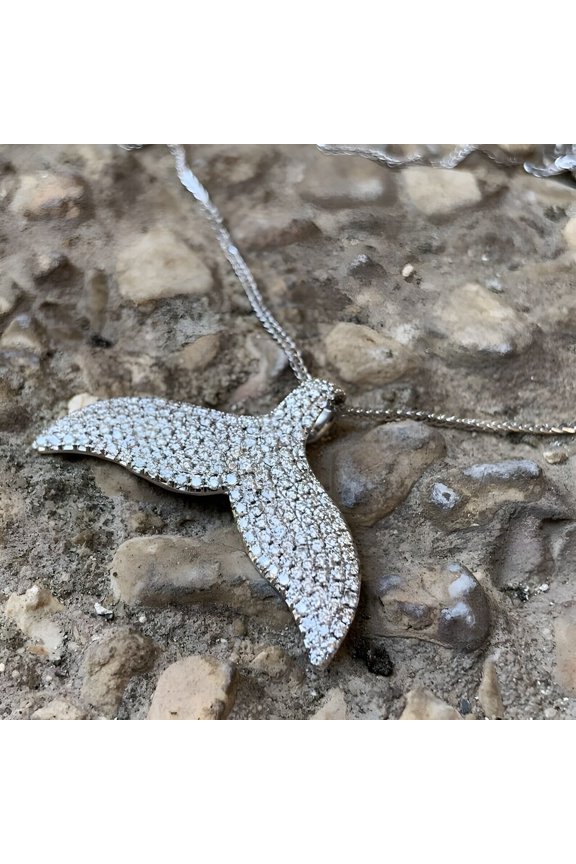 Charm 14K White Gold Plated Moissanite Whale Tail Pendant Necklace 18"