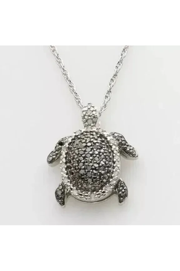 Charm 2.00Ct Black Lab Created Diamond Turtle Pendant Necklace 14K White Gold Plated