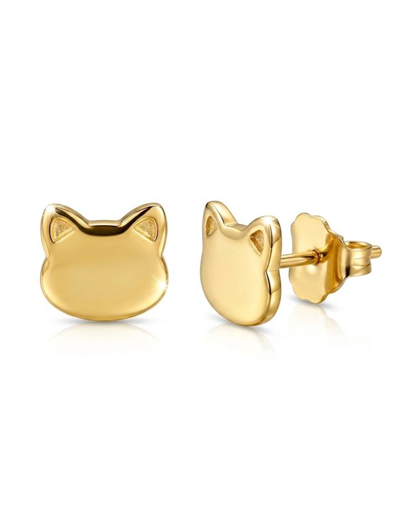 - Gold Cat Face Stud Earrings - 14 Karat Solid Gold
