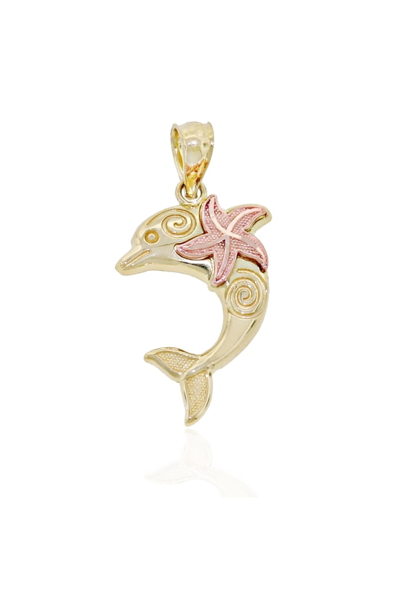 - Gold Dolphin Charm with Starfish - 10 Karat Solid Gold