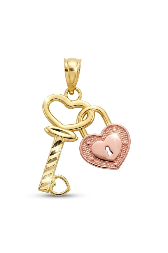 - Gold Lock and Key Heart Charm - 10 Karat Solid Gold