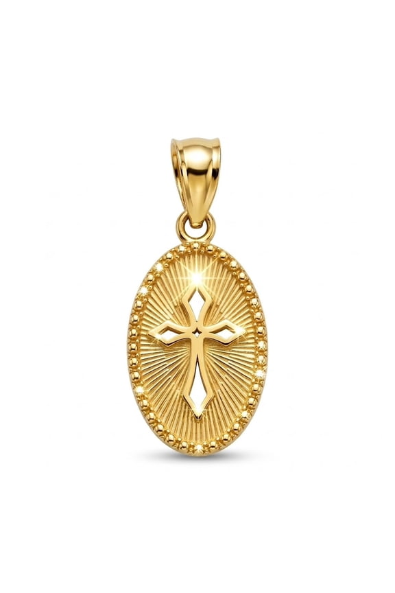 - Gold Oval Religious Cross Charm - 10 Karat Solid Gold