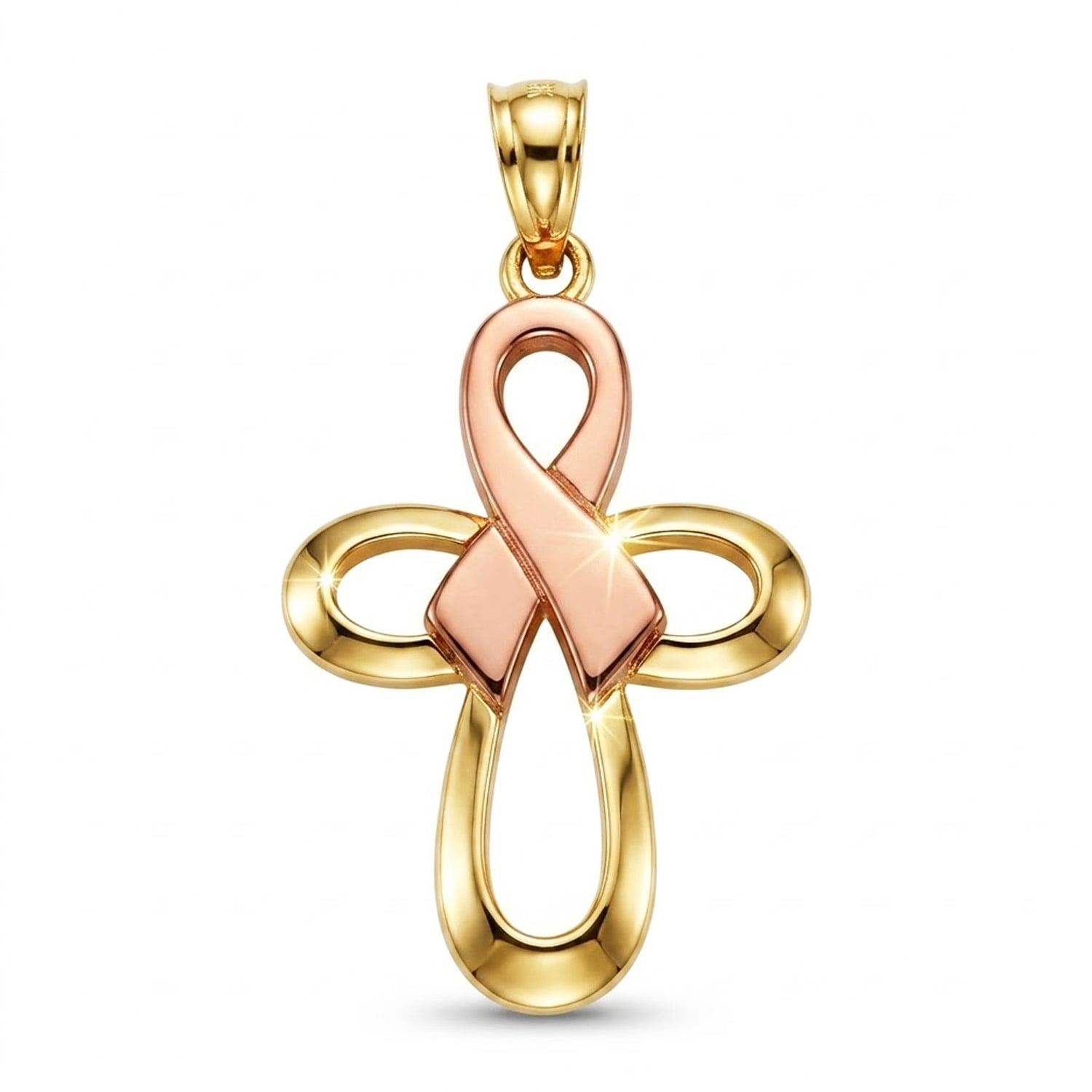 Charm America - Gold Pink Ribbon Cross Charm - 10 Karat Solid Gold