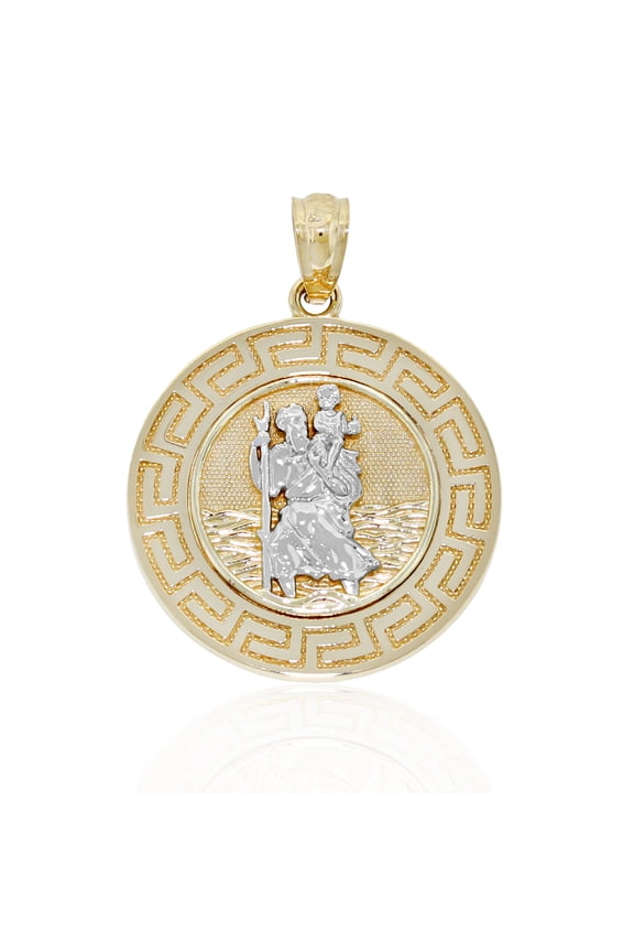 - Gold Saint Christopher Charm - Greek Key Pattern - 14 Karat Solid Gold