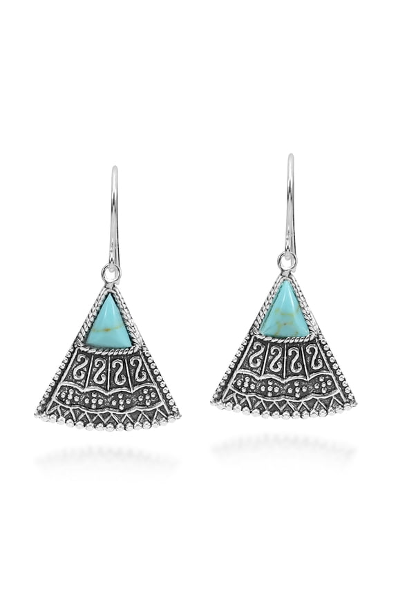 Charm Balinese Art Triangle Shape Simulated Green Turquoise .925 Sterling Silver Dangle Earrings