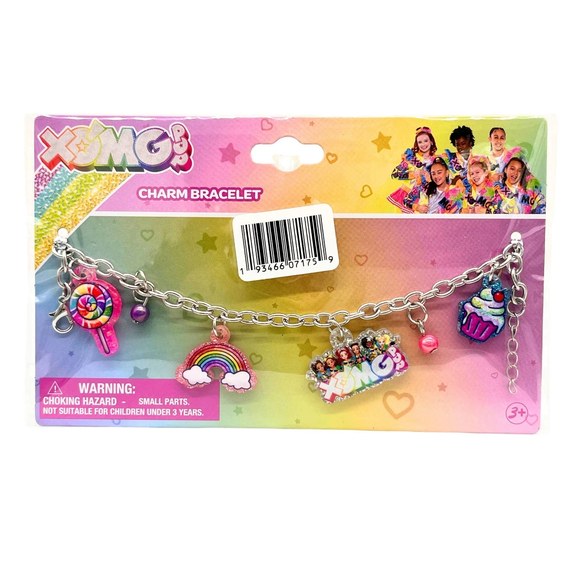 Charm Bracelet with 5 Colorful Charms, Adjustable Silver Tone Chain with Rainbow, Cupcake, Lollipop, Logo, Sparkling Beads, Fun Tween Jewelry Gift for Birthdays, Holidays, Mix