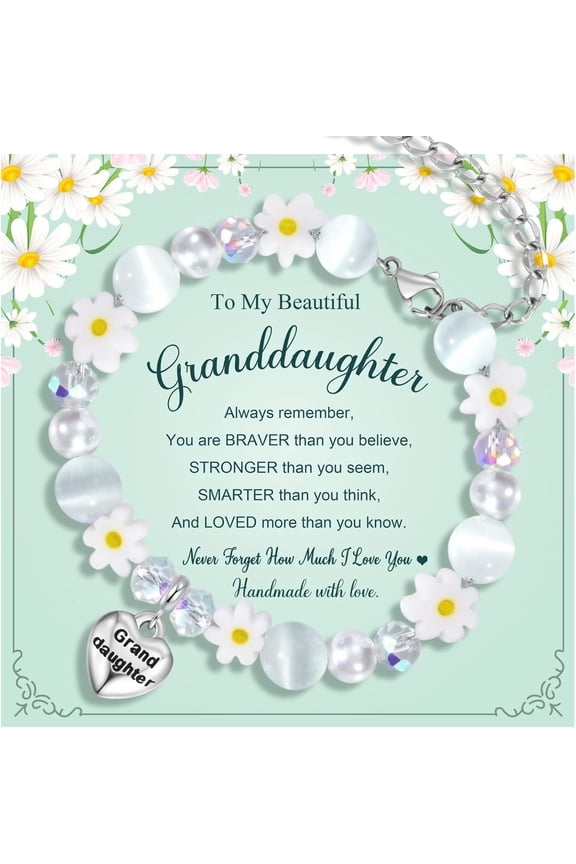 Charm Bracelet Gifts – Adjustable Daisy & Cat Eye Stone Heart Charm Bracelet with Inspirational Card – Birthday, Christmas, Back to School Jewelry Gift for Daughter, Granddaughter, Niece