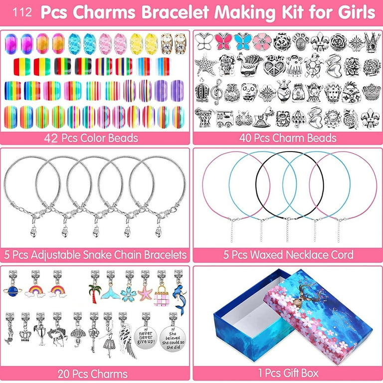 Charm Bracelet Making Kit, 112 Pcs DIY Jewelry Making Kit with Bracelet,Pendant,Beads,Charms  and Necklace String for Bracelets Craft & Necklace Making, for Teen Girl  Gifts Ages 8-12Y 