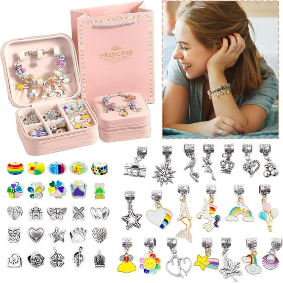 Charm Bracelet Making Kit,Gifts for Girls, Arts and Crafts for Kids Ages 8-12, DIY Craft for Girls, Jewelry Gift Set Toys for Kids Girls Teens for Birthday Parties, Activity with Jewelry Box