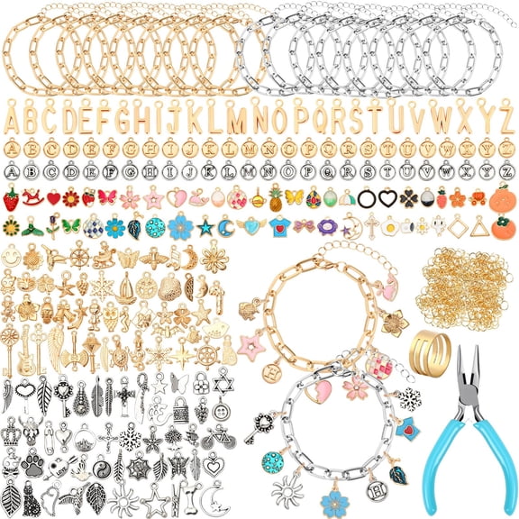 Charm Bracelet Making Kit with 16 Bangles, 228 Charms, 240 Jump Rings and Pliers Tools