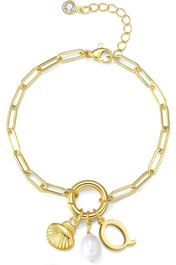 Charm Bracelets Gold Bracelets for Women Shell Charm Bracelets Pearl Bracelet Initial Bracelet Gold Letter Bracelet Dainty Pendant Charms Bracelet Jewelry for Women