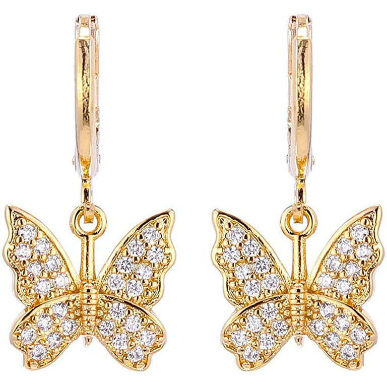 Charm Butterfly Hoop Earrings, 14K Gold Silver Crystal Butterfly Drop  Dangle Earrings for Women and Girls