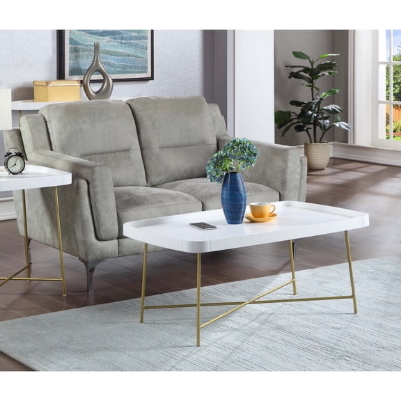 Charm Coffee Table, White/Gold, Modern Living Room Center Table with Hairpin Metal Legs, Stylish Rectangular Design, Wood & Iron