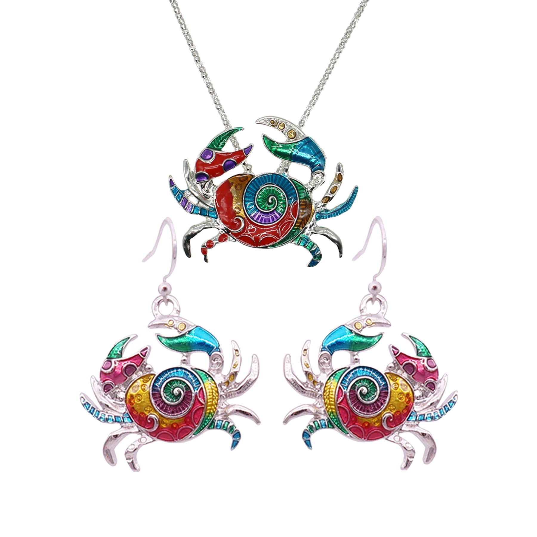 Charm Colorful Enamel Sea Animal Earrings Necklace Set Silver Tone Cute