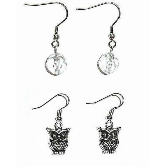 Charm Dangle Owl Earrings 2 sets Surgical Steel French Hook Women