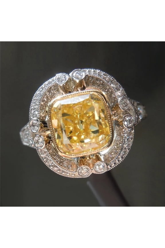 Charm Female Yellow Square Crystal Jewelry Cute Zircon Silver Color Rings For Women Band Valentines Day Gifts