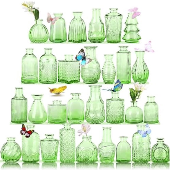 Charm Glass Bud Vases, Small Flower Vases in Bulk for Centerpieces, Vintage Mini Vases for Wedding Decor, Home Table Decorations Diffuse Bottles,Ideals (Pack of 30,Light Green)