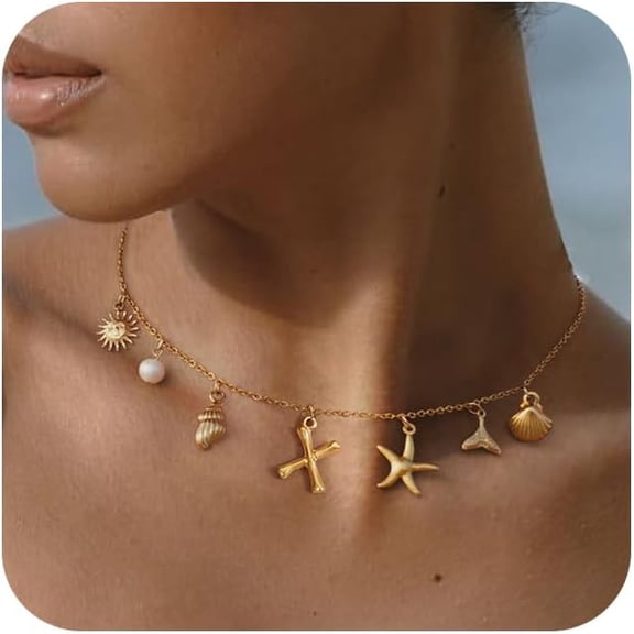 Charm Initial Necklace For Women,Dainty Seashell Necklace 18K Gold Plated Summer Shell Necklaces For Women Trendy Boho Starfish Choker Necklace Cute Bubble Letter Necklace Beach Jewelry Gift[Z4918]