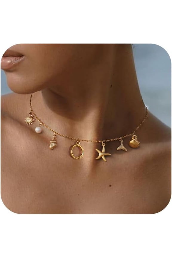 Charm Initial Necklace For Women,Dainty Seashell Necklace 18K Gold Plated Summer Shell Necklaces For Women Trendy Boho Starfish Choker Necklace Cute Bubble Letter Necklace Beach Jewelry Gift[Z4931]