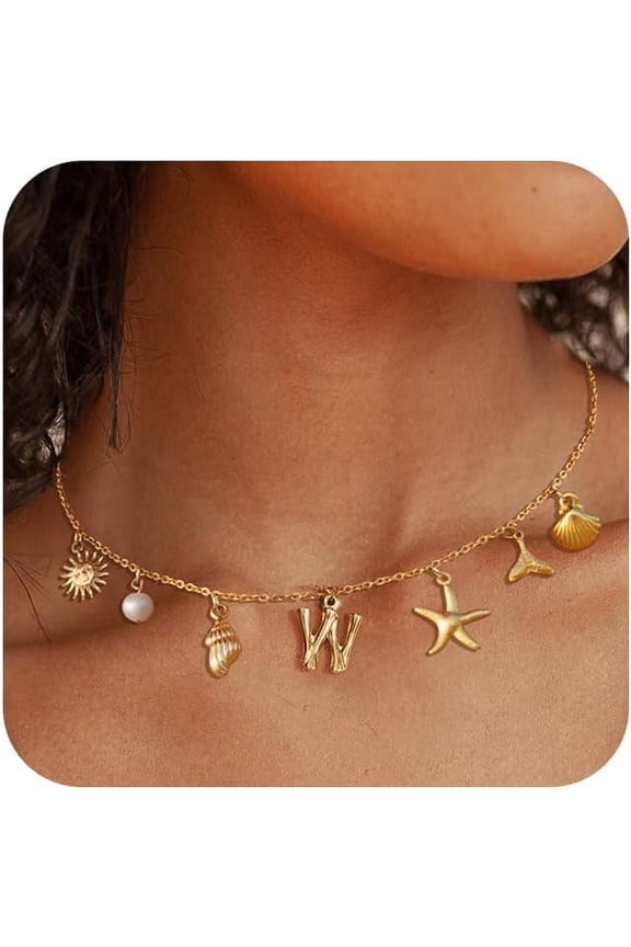Charm Initial Necklace For Women,Dainty Seashell Necklace 18K Gold Plated Summer Shell Necklaces For Women Trendy Boho Starfish Choker Necklace Cute Bubble Letter Necklace Beach Jewelry Gift[Z4926]