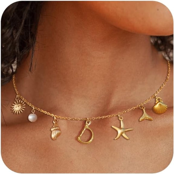 Charm Initial Necklace For Women,Dainty Seashell Necklace 18K Gold Plated Summer Shell Necklaces For Women Trendy Boho Starfish Choker Necklace Cute Bubble Letter Necklace Beach Jewelry Gift[Z4927]