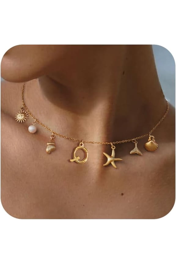 Charm Initial Necklace For Women,Dainty Seashell Necklace 18K Gold Plated Summer Shell Necklaces For Women Trendy Boho Starfish Choker Necklace Cute Bubble Letter Necklace Beach Jewelry Gift[Z4910]
