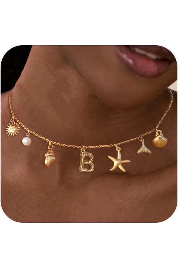 Charm Initial Necklace For Women,Dainty Seashell Necklace 18K Gold Plated Summer Shell Necklaces For Women Trendy Boho Starfish Choker Necklace Cute Bubble Letter Necklace Beach Jewelry Gift[Z4922]