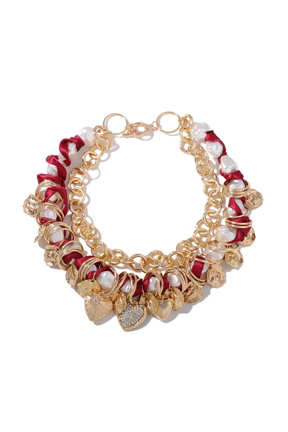 Charm Jewelry Vintage Heart Pendant Red Rope Pearl Beaded Chain Necklaces for Women Party Holiday Accessories