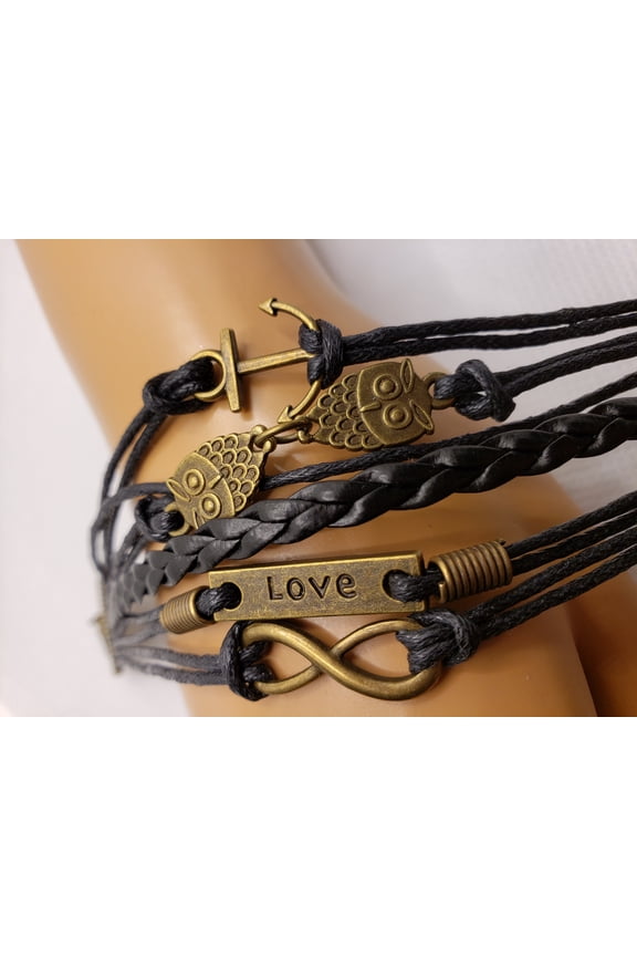Charm Leather Bracelets For Women/Men Black with Owl and Love