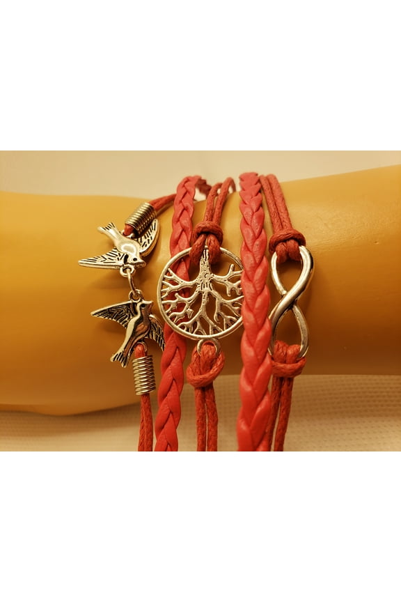 Charm Leather Bracelets For Women/Men Red With Tree and Bird,  Leather Bracelets
