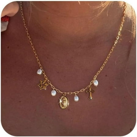 Charm Necklace for Women - Dainty Gold Beach Charm Necklace Shell Moon Star Accessory Beach Cross Pendant Necklace Summer Jewelry for Women