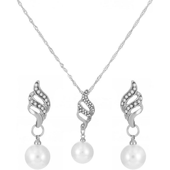 Charm Pearl Wedding Earring Necklaces Set for Women Elegant Vintage CZ Freshwater Pearl Jewelry Set Round White Pearl Costume Jewelry Accessories for Brides Bridesmaids, Birthday Gift