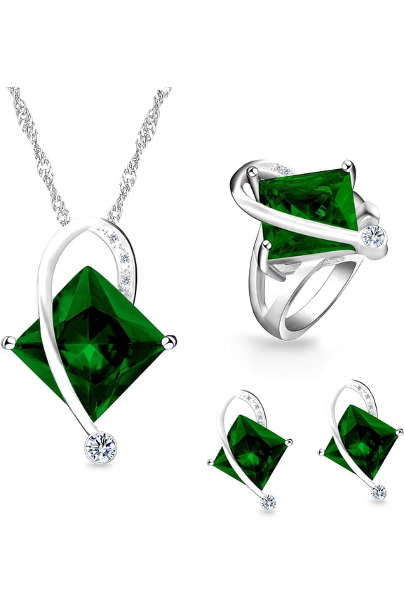 Charm Rainbow Fine Created Topaz Mystic Big Square Crystal Necklace Matching Stud Earrings Rings White Gold Plated Wedding Jewelery Set (Multicolor, Red, Green, Blue, Purple) T295[o727]