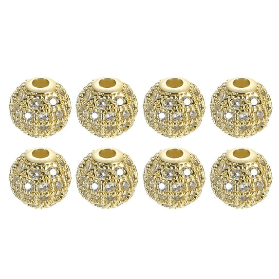 Charm Rhinestone Beads, 8 Pack 8mm Round Zircon Pave Spacer Beads for Jewelry Making (White - Gold)
