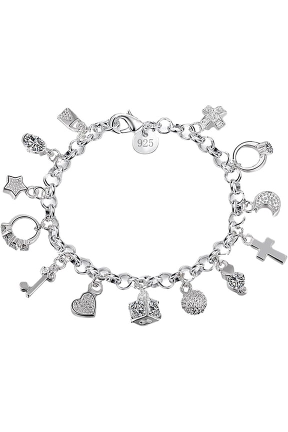 Charm Silver Thirteen Hanging Pieces Bracelet For Women, Lucky Myth Charms Cross Heart Star Bracelets Lovers Friends Jewelry Gifts[o5052]