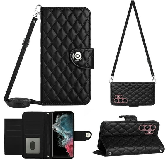 Charm Style for Samsung S23 Ultra Case RFID Blocking Wallet Card Holder Leather PU Flip Cover Folio Lanyard Crossbody Strap Women Girl Magnetic Clasp Kickstand for Samsung Galaxy S23 Ultra, Black