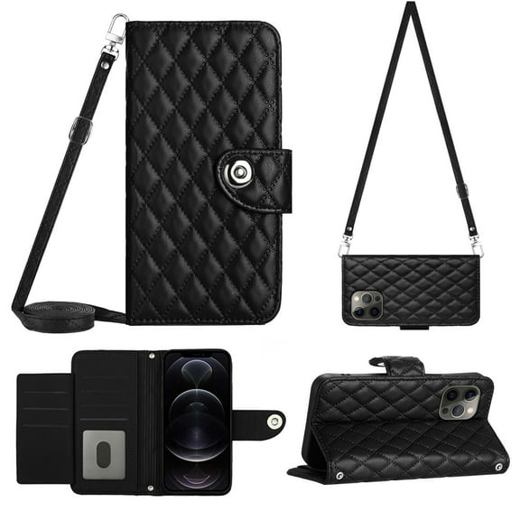 Charm Style for iPhone 12 Pro Case RFID Blocking Wallet Card Holder Leather PU Flip Cover Folio Lanyard Crossbody Strap Women Girl Magnetic Clasp Kickstand For iPhone 12 Pro, Black